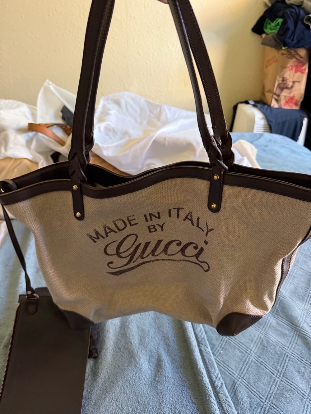 Gucci Beige Canvas Tote with Brown Leather Trim with pouch